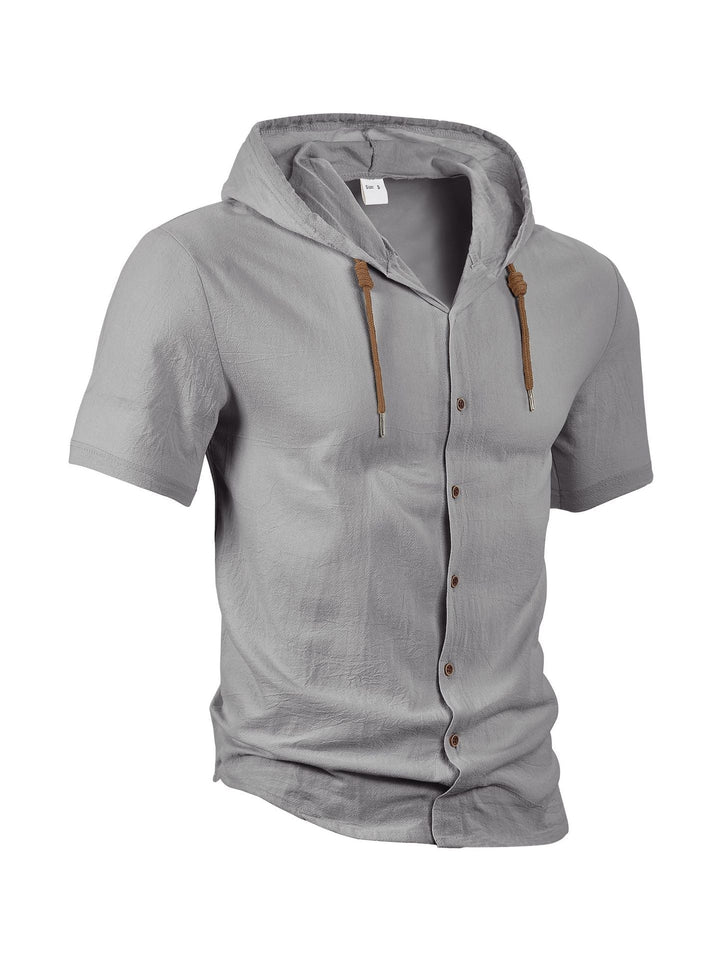 Męska dopasowana krótka-sleeve z kapturem koszula w textured len wygląd z wood wygląd guziki i ściągacz