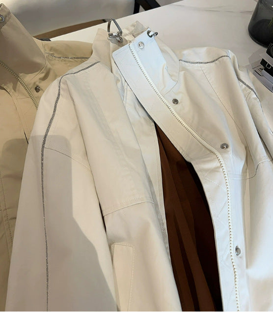 Damska lekka Overshirt kurtka z ze stójką, Snap guzikami Closure &amp; kontrastowy Stitching Lumaza