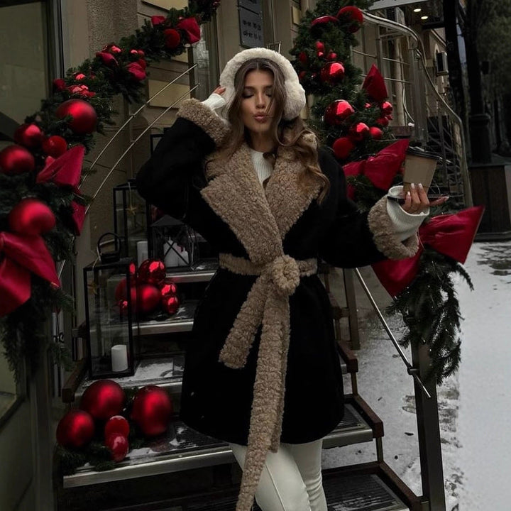Damska krótka oversize Winter płaszcz z Teddy Lining i Waist paskiem Lumaza
