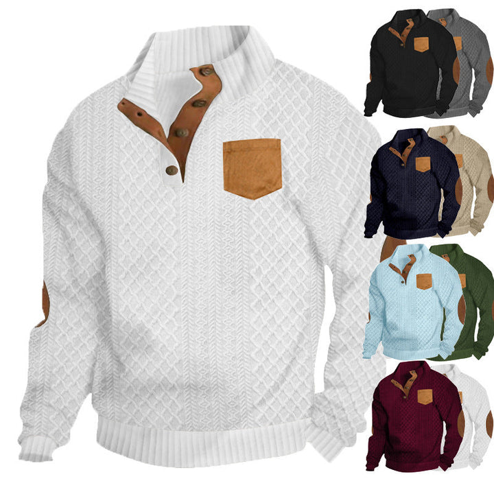 Męska Strukturalny Cable Dzianina Bluza z Half Listwa guzikowa, Imitacja skóry Patch Kieszeń &amp; Elbow Patches