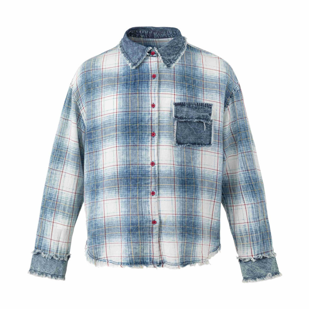 Damska Oversize W kratę Kurtka koszulowa z Denim Applications i Postrzępiony Krawędzie