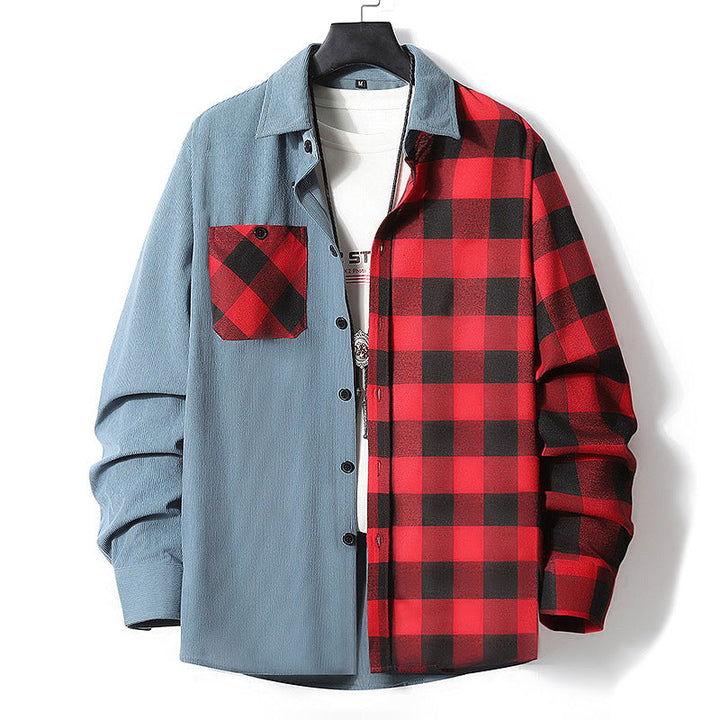 Męski Half-Split Koszula wierzchnia w Lumberjack Check z Kontrastowy Jednolity Side, Kieszeń na piersi, i Continuous Guzik Placket