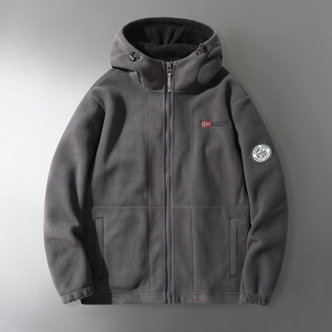 Męski microfleece outdoorowy kurtka z kaptur, wind-resistant structure i logo naszywany