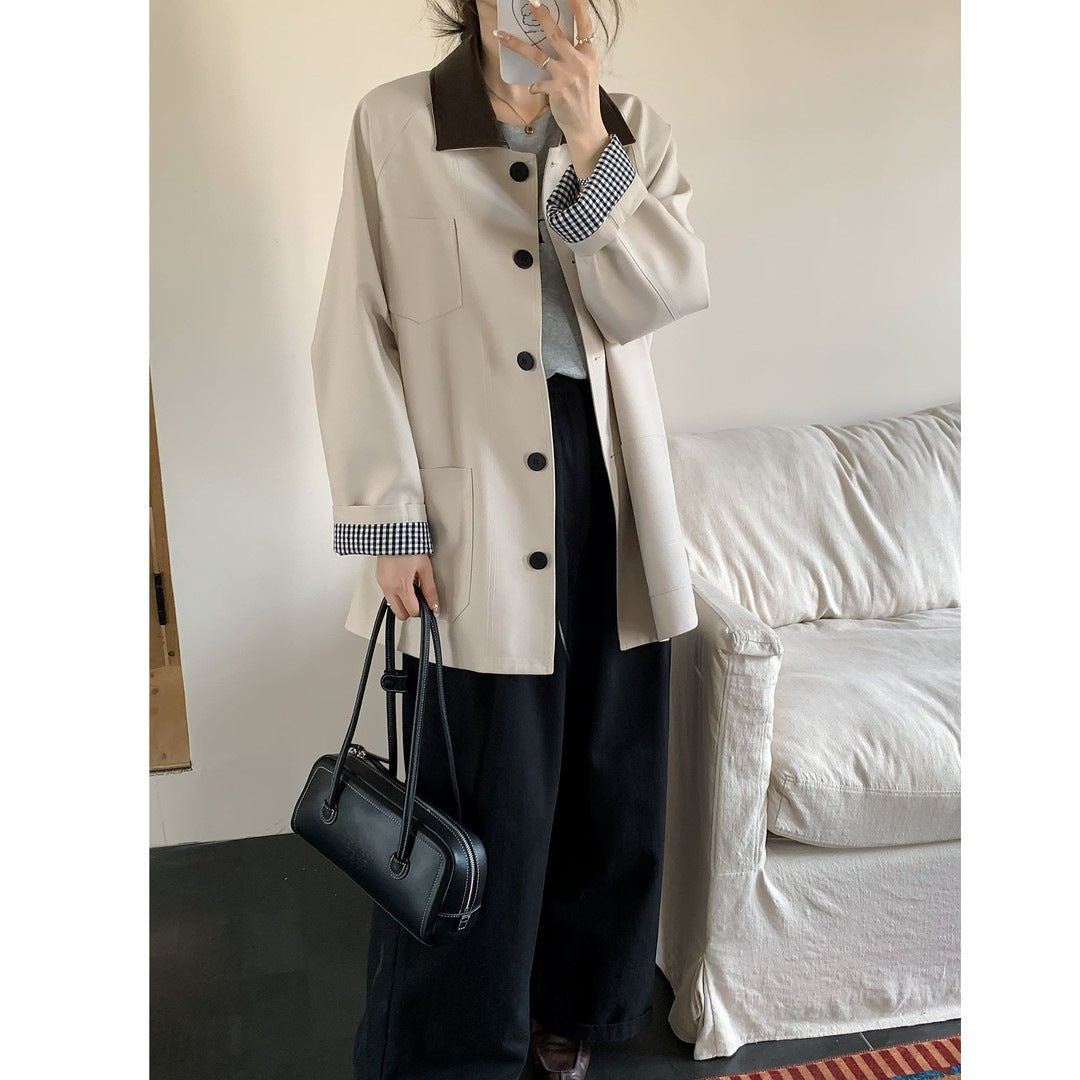 Damska oversize krótka kurtka in Trench styl z Leather-Look kołnierzem i Checked Cuffs Lumaza