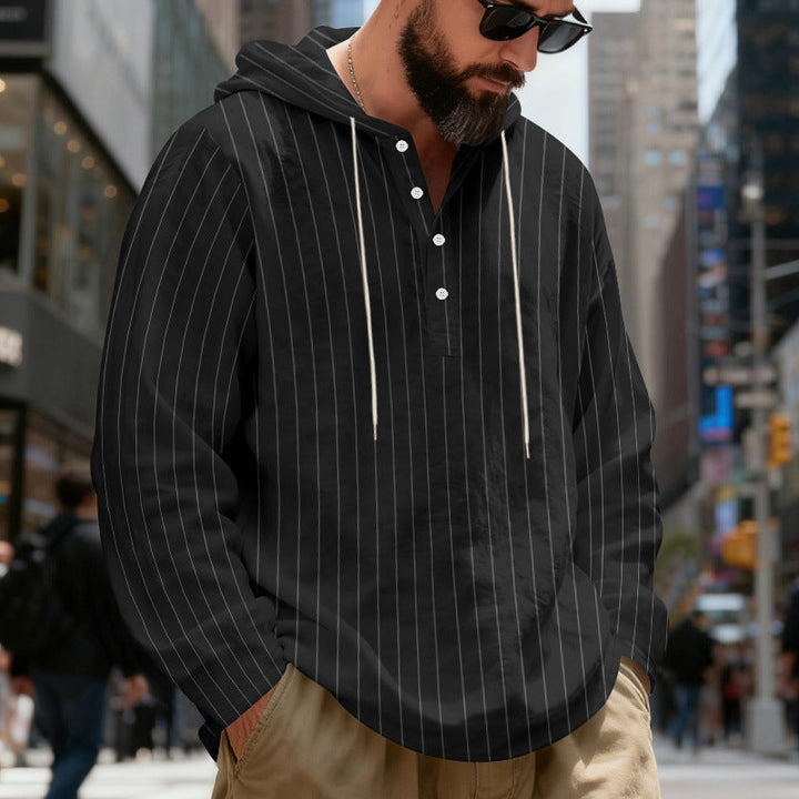 Męska Lekka Bluza z kapturem Henley Koszula z Delikatna Pinstripes