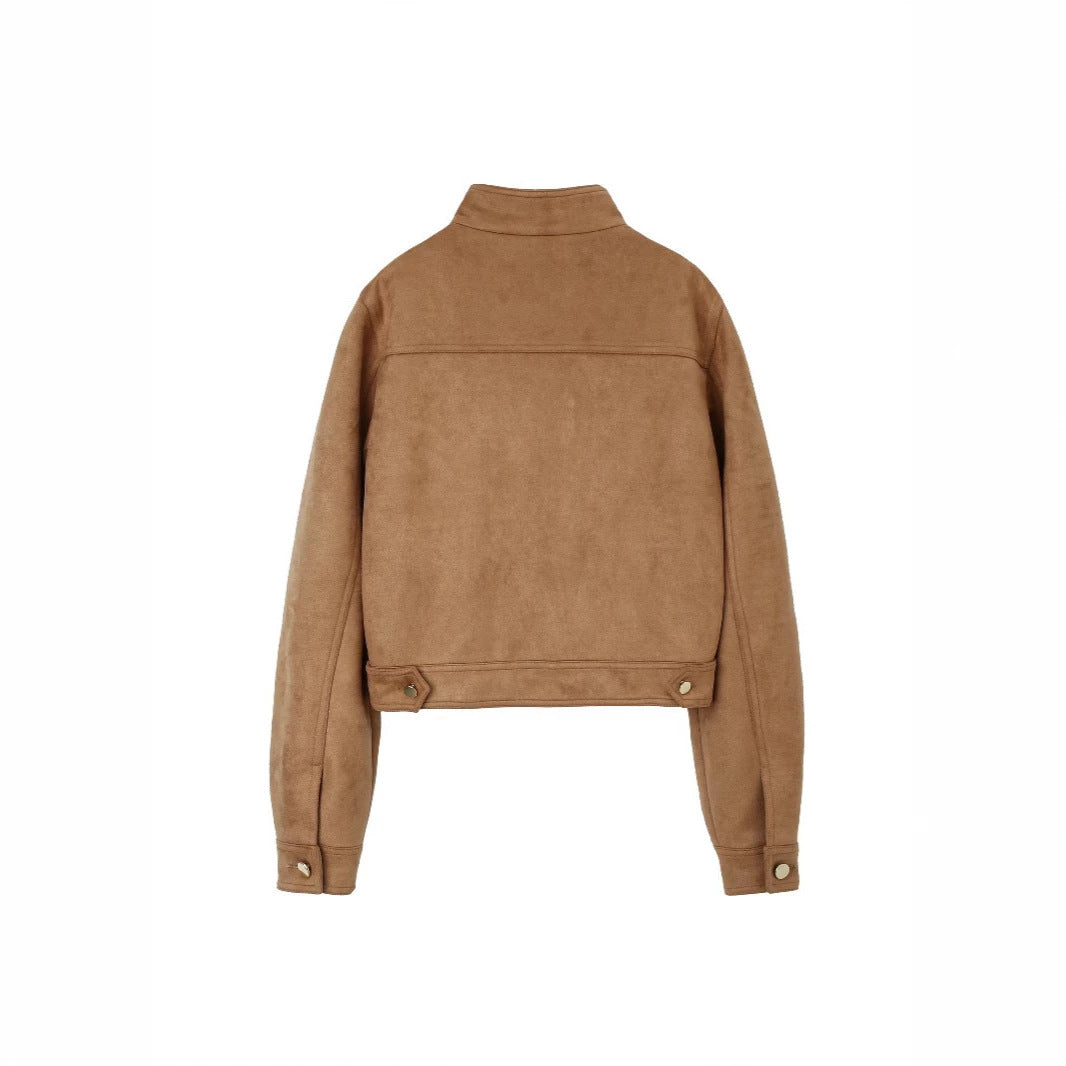 Damska krótka kurtka made of suede look z ze stójką i z naszywanymi kieszeniami Lumaza