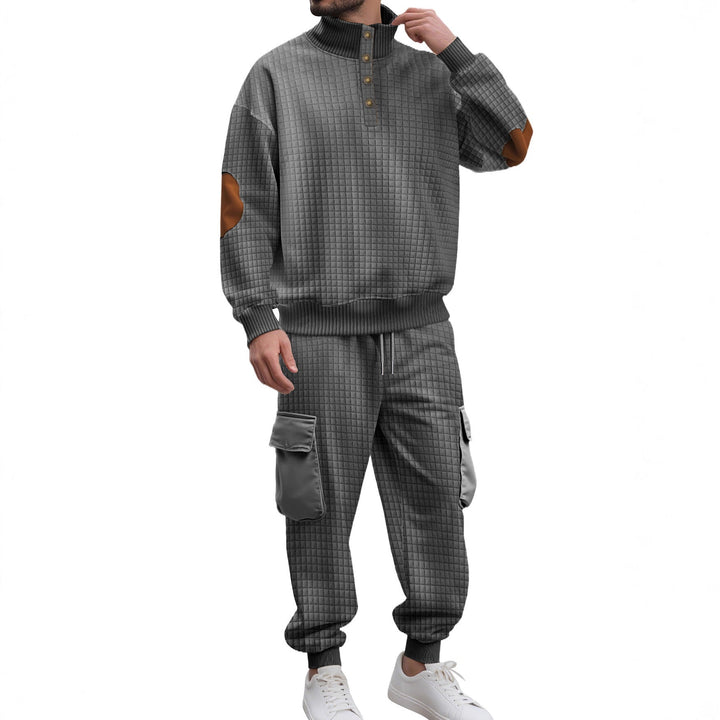 Męska kratka relief sweat set z stójka Listwa guzikowa, welur elbow patches i cargo jogger