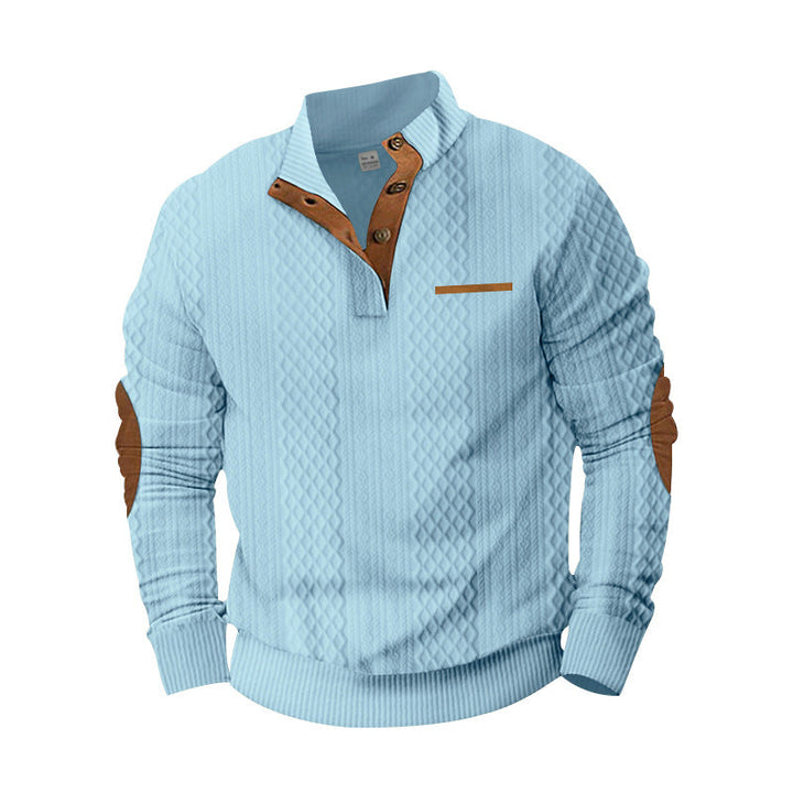 Męska Strukturalny Cable Dzianina Bluza z Half Listwa guzikowa, Imitacja skóry Patch Kieszeń &amp; Elbow Patches