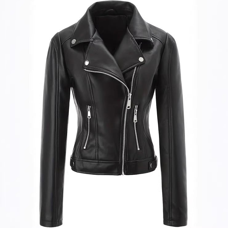 Damska taliowana Biker kurtka in skórzany wygląd z Asymmetrical zamkiem błyskawicznym i Decorative Seams Lumaza