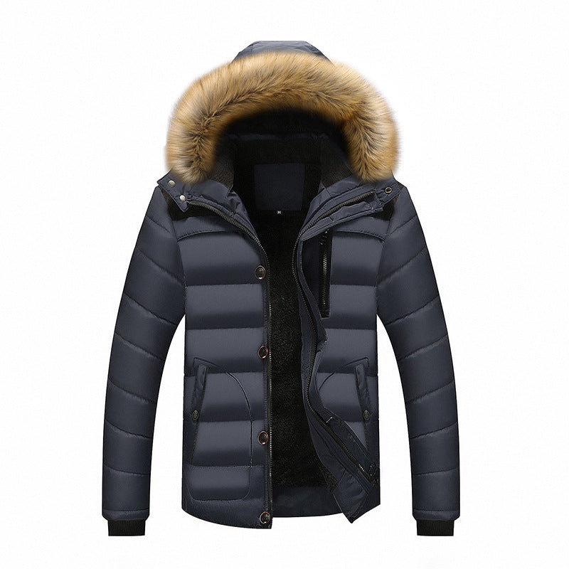 Męski termiczny pikowany parka z kaptur, imitacja futro trim i polar podszewka