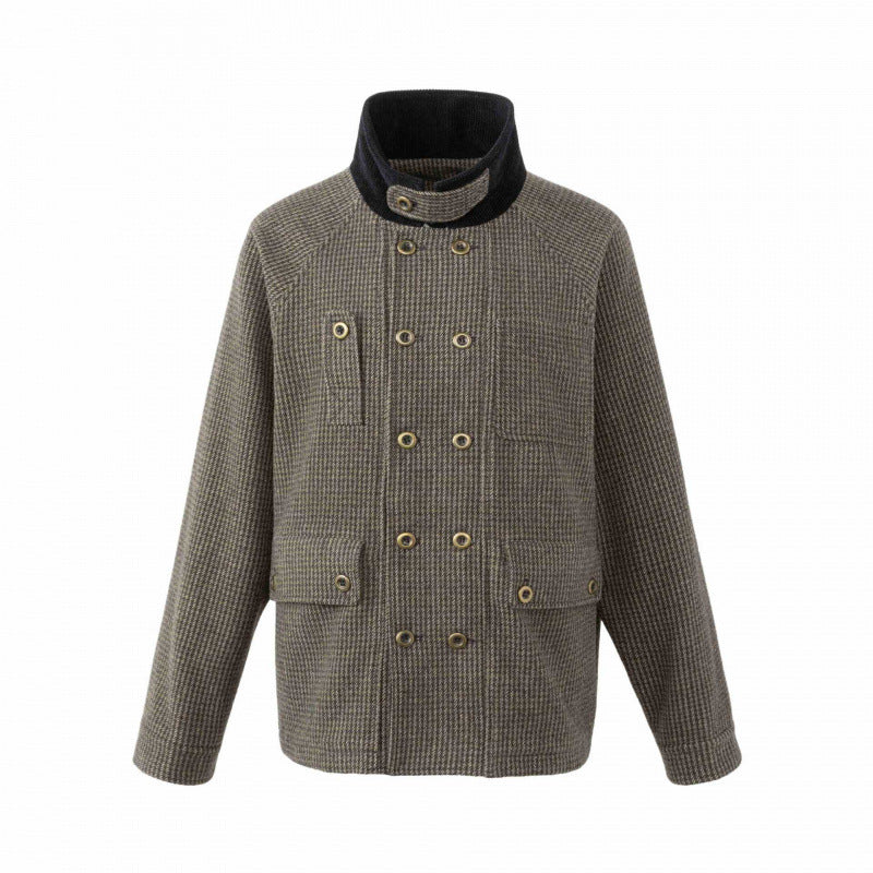 Męska Double-Breasted wełna Mix field kurtka w Houndstooth z Corduroy kołnierzem i kieszeniami z patkami