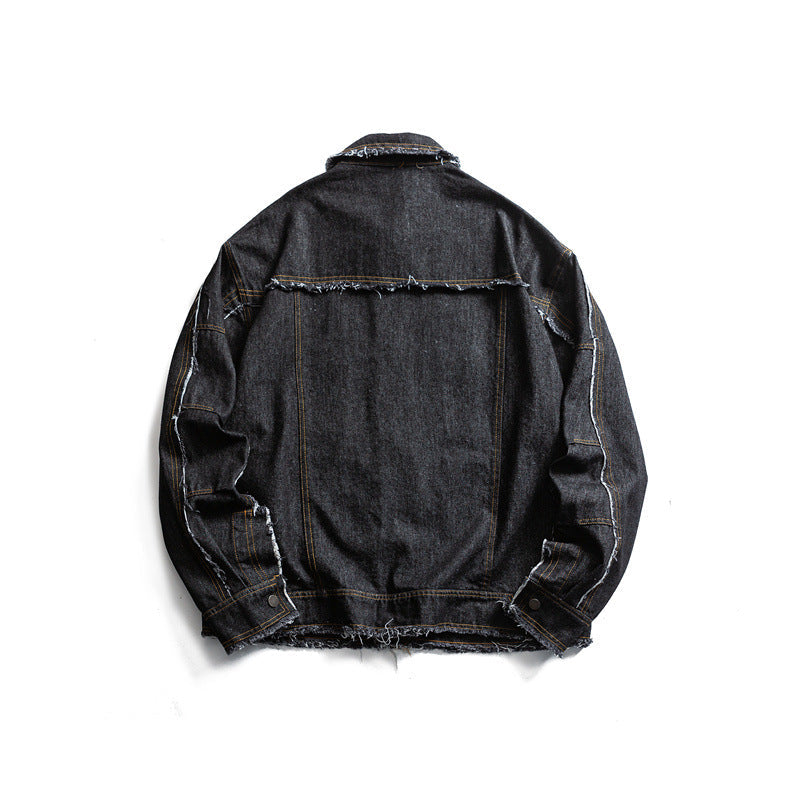 Męska oversize jeansy kurtka z Frayed Edges i Large kieszeniami z patkami