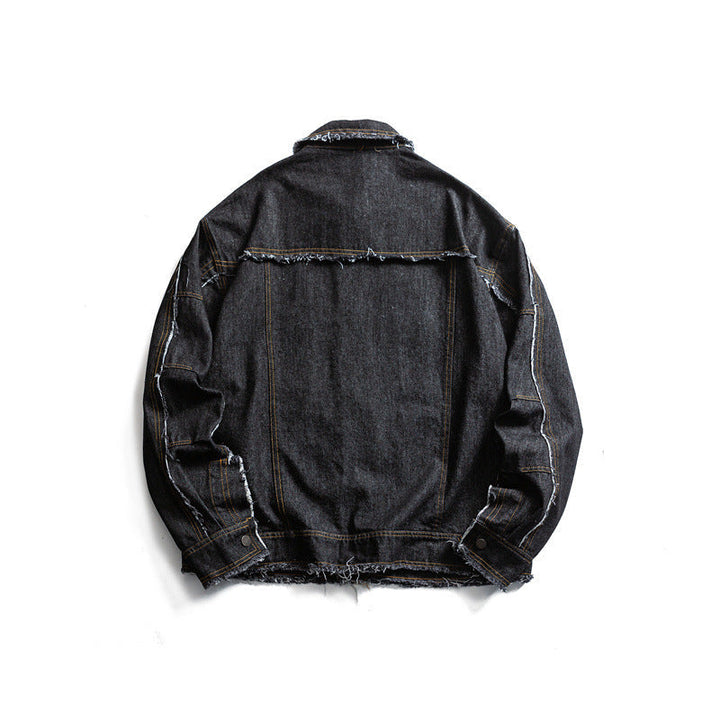 Męska oversize jeansy kurtka z Frayed Edges i Large kieszeniami z patkami
