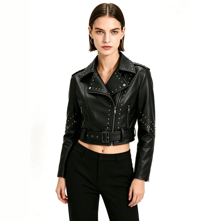 Damska krótka imitacja skóry Biker kurtka z Studded Accents i Wide Waist paskiem Lumaza