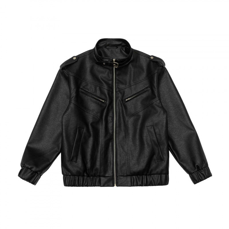 Męska boxy imitacja skóra Blouson z stójką, Shoulder Epaulettes i elastycznym dołem
