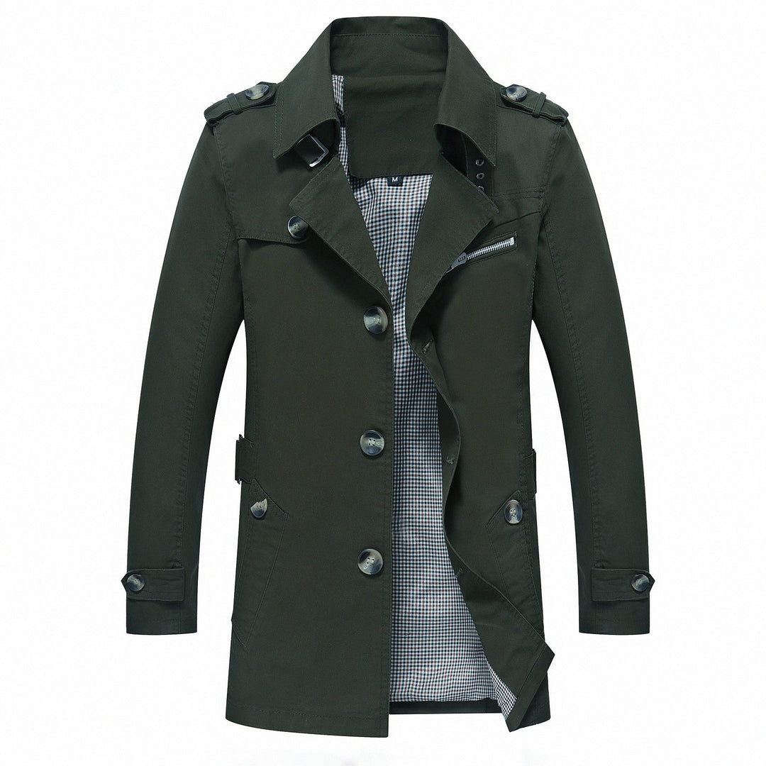 Męska elegancki field Trench z tailored fit, shoulder flaps i regulowany mankiety
