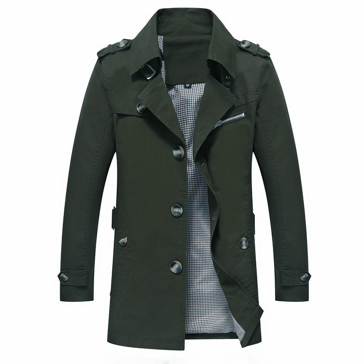 Męska elegancki field Trench z tailored fit, shoulder flaps i regulowany mankiety