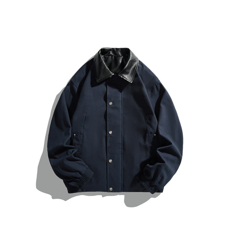 Męska krótki-cut blouson kurtka z imitacja skóra kołnierzem, zatrzask listwą guzikową, i elastycznymi mankietami