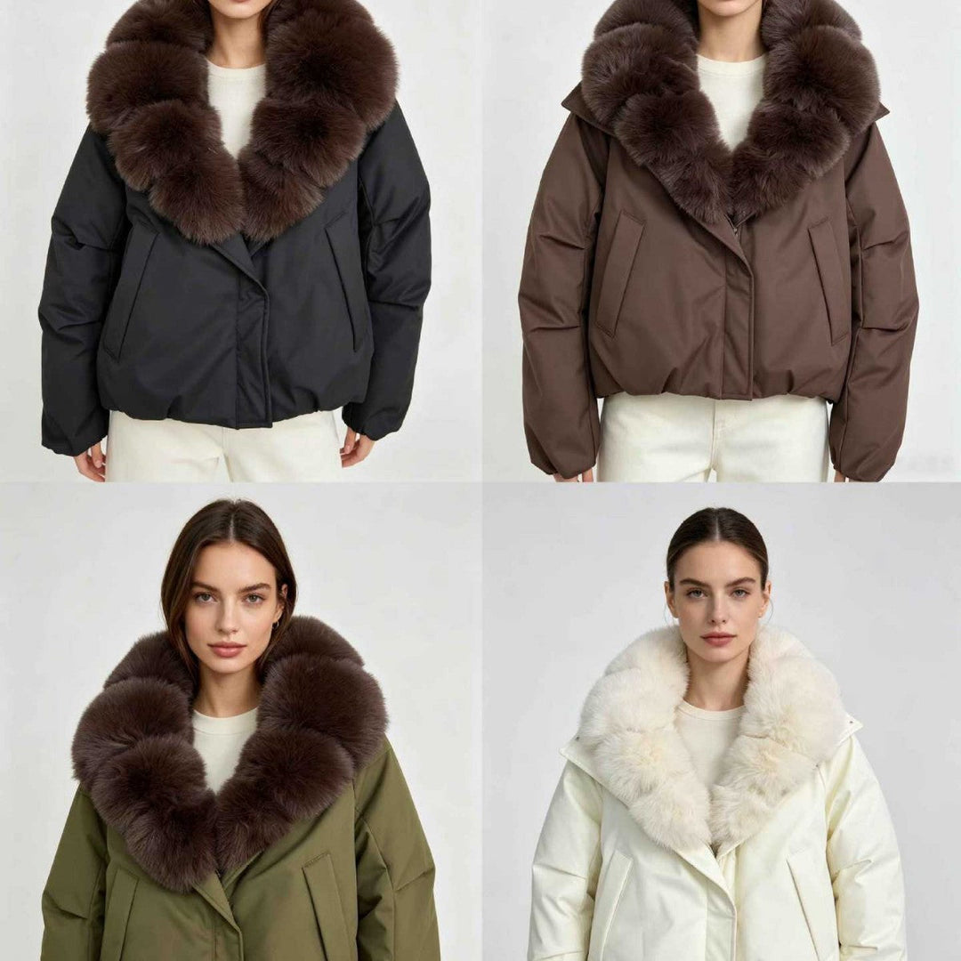 Damska krótka termiczna pikowana kurtka z voluminous removable faux fur kołnierzem i taliowana dołem Lumaza