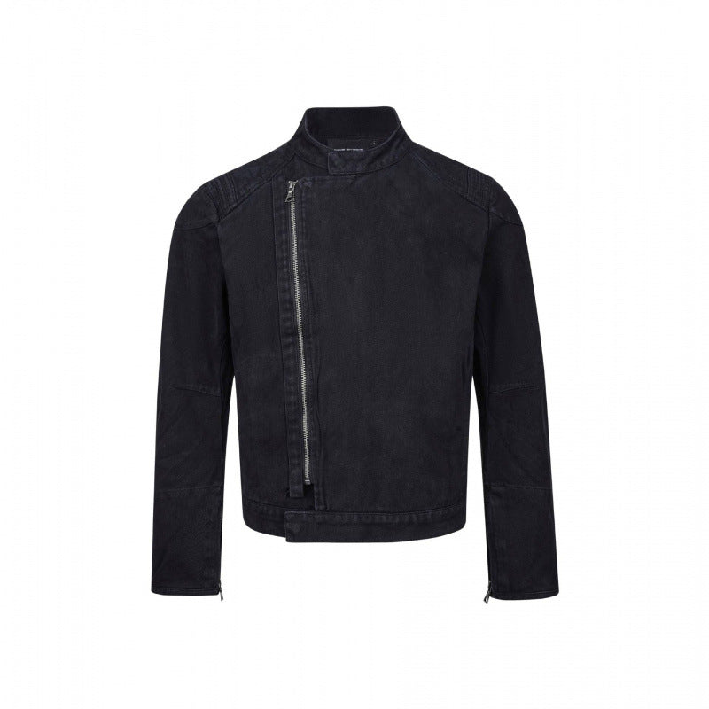 Męska Asymmetric krótka kurtka w Biker styl z stójką i Diagonal Metal zamkiem
