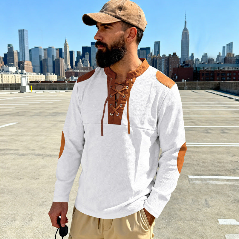 Męska waffle dzianina długa rękaw koszula z lacing i imitacja zamszu elbow patches