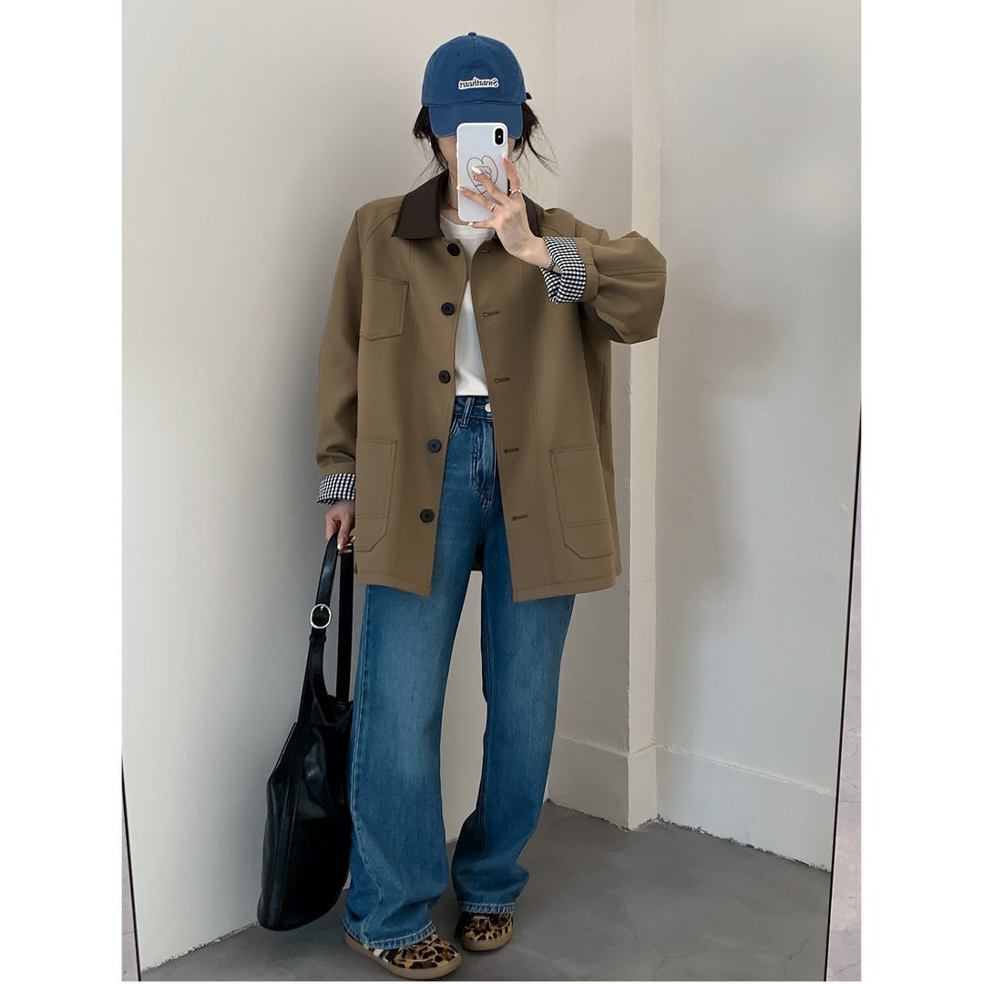 Damska oversize krótka kurtka in Trench styl z Leather-Look kołnierzem i Checked Cuffs Lumaza