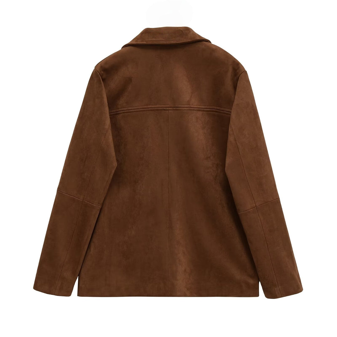 Damskie Krótka Suede-Look Płaszcz z Kołnierz z klapami i Naszywane Kieszenie