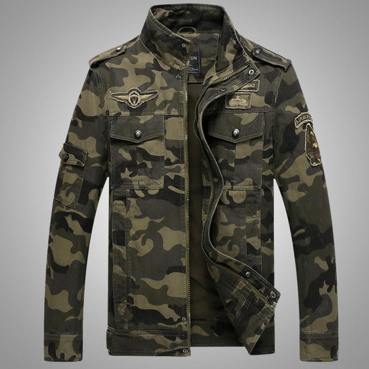 Męska Moro field kurtka z trwały canvas z epaulettes, multiple kieszeniami i stójką