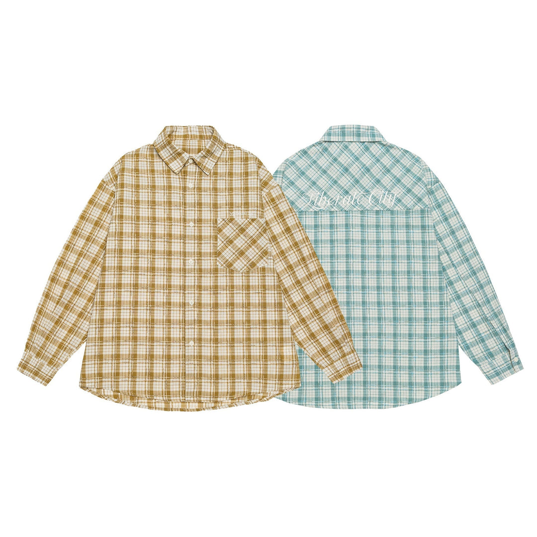 Unisex Oversize Kurtka koszulowa w checkered bawełna wygląd z zaokrąglony Dół i breast kieszeń