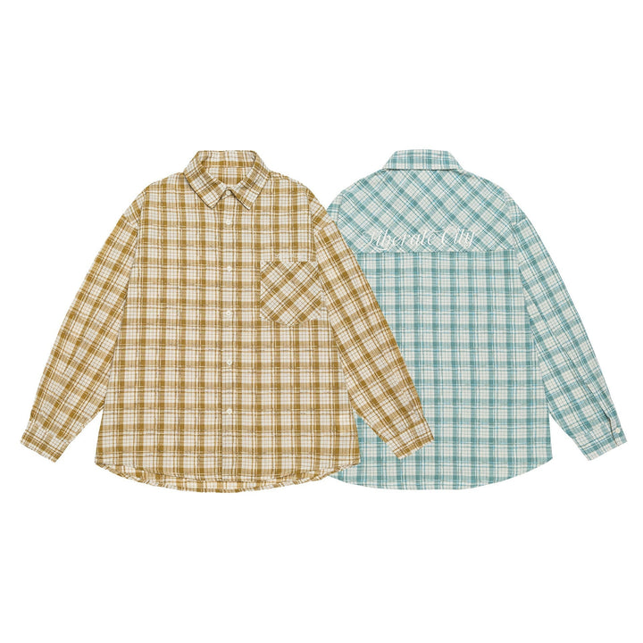 Unisex Oversize Kurtka koszulowa w checkered bawełna wygląd z zaokrąglony Dół i breast kieszeń