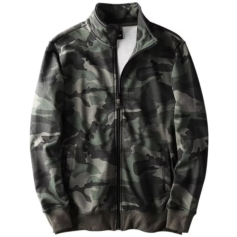 Męski Camouflage Bawełna Polar Zamek Kurtka z Stójka i Ribbed Mankiety