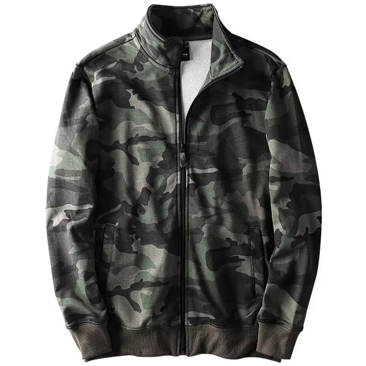 Męski Camouflage Bawełna Polar Zamek Kurtka z Stójka i Ribbed Mankiety