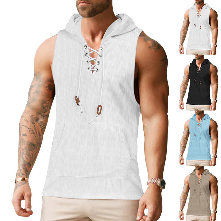 Męskie sleeveless bluza z kapturem bluza z laced Kołnierz i kieszeń kangurka