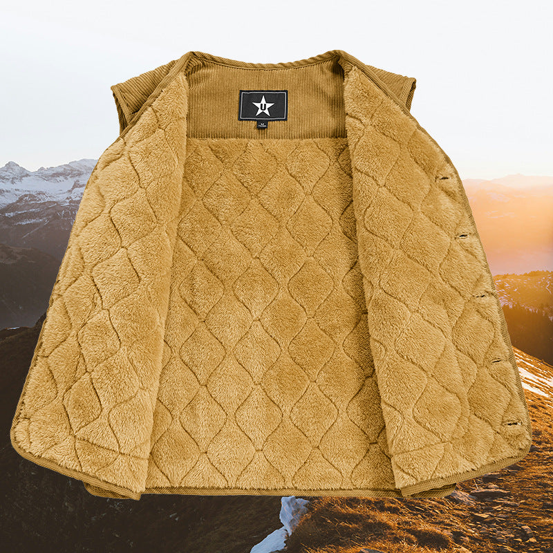 Męski sztruks kamizelka pikowana z V-neck, ocieplany stitching structure i naszywane kieszenie.
