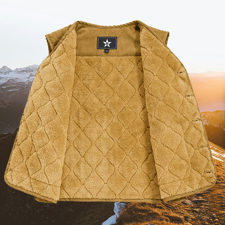 Męski sztruks kamizelka pikowana z V-neck, ocieplany stitching structure i naszywane kieszenie.
