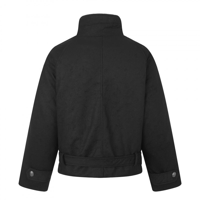 Męska krótka krój double-breasted aviator kurtka z teddy lwwg, stójką i waist belt