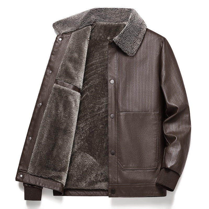 Męski Imitacja skóry Blouson z Sherpa Kołnierz, Ciepły Teddy Podszewka i Pinstripe Detal