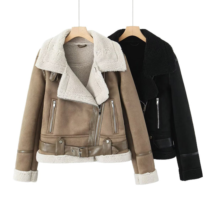 Damska Krótka Krój Lambskin Imitation Biker Kurtka z Asymmetric Zamek, Pasek i Teddy Podszewka