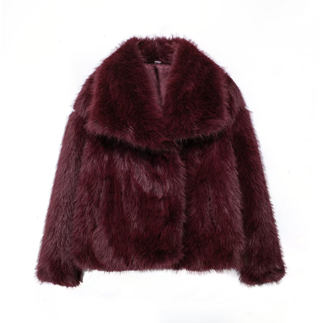 Damska krótka Faux Fur kurtka z Voluminous Shawl kołnierzem Lumaza