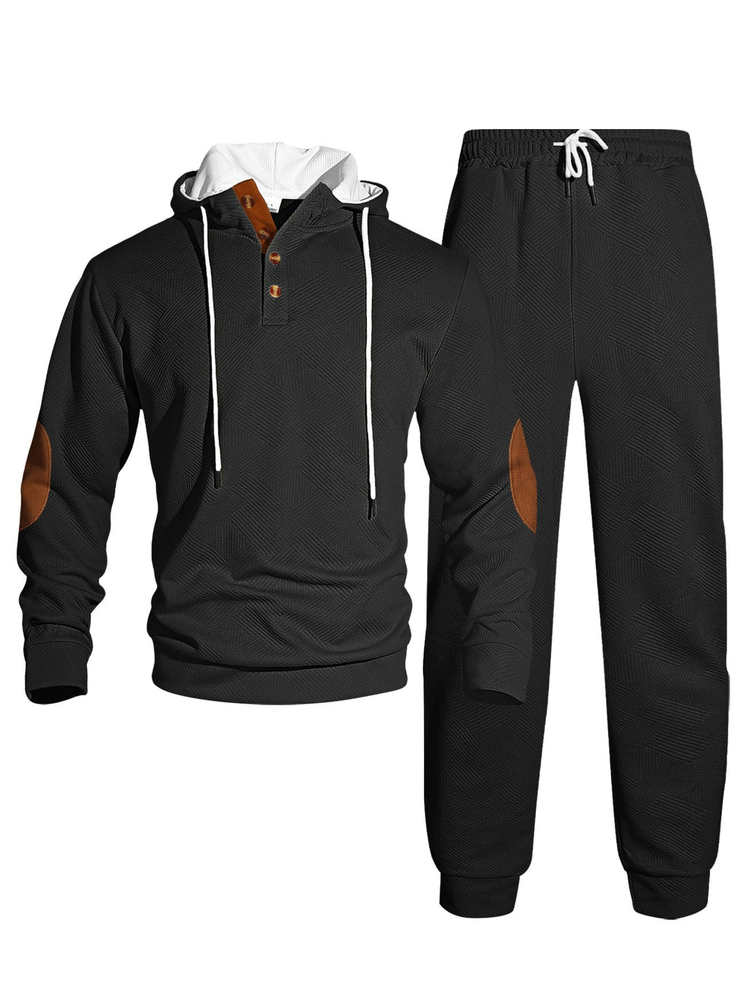 Męska waffle structure Henley bluza z kapturem set z wooden Listwa guzikowa elbow patches i tapered joggery