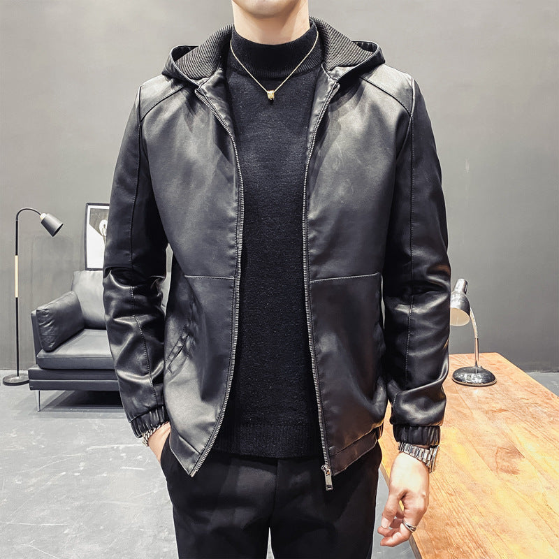 Męski Leatherette Hooded Blouson z Siatka Wewnętrzny Kaptur, Slim Silhouette i Full Zamek