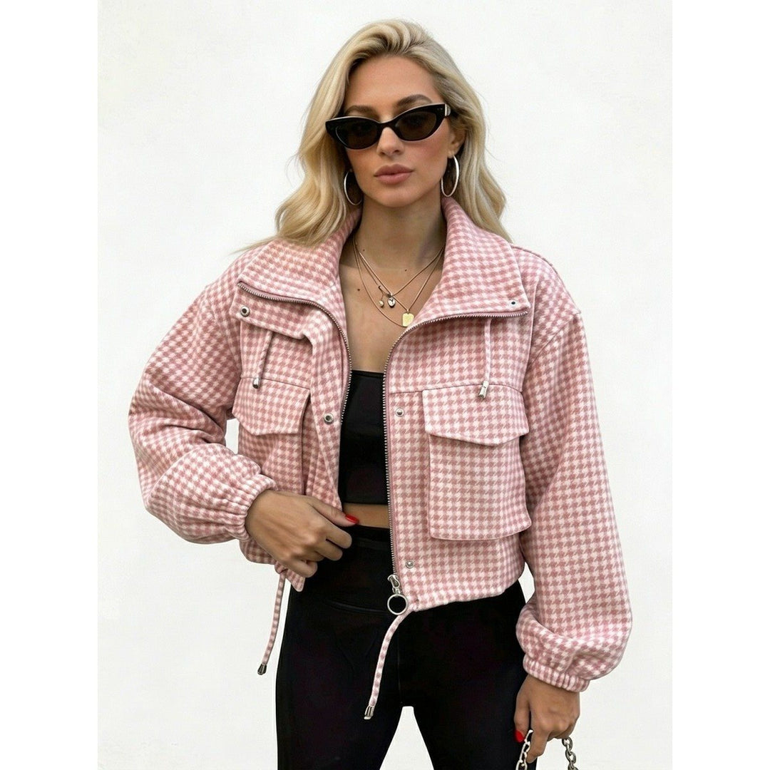 Damska Checkered krótka kurtka z stójka kołnierzem, ściągaczem i Elastic Cuffs Lumaza