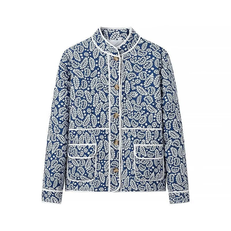 Damska pikowana transitional kurtka withze stójką, paisley print i contrasting piping Lumaza