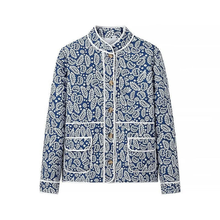 Damska pikowana transitional kurtka withze stójką, paisley print i contrasting piping Lumaza
