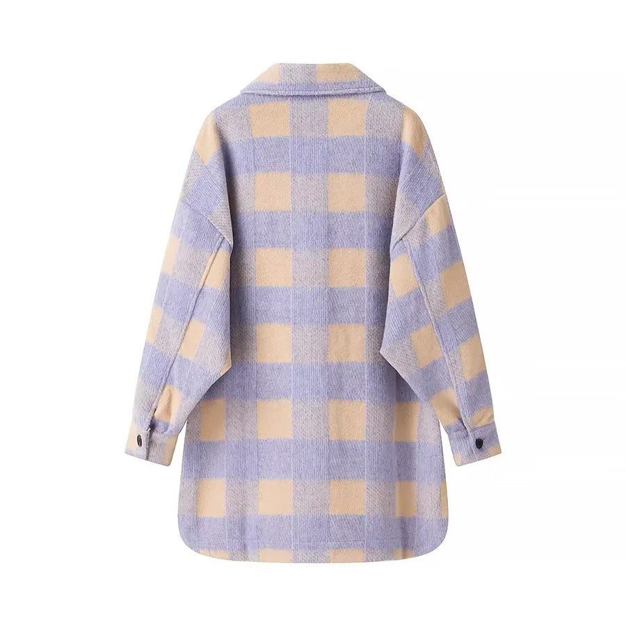Damska oversize Checked Shacket z naszywane Chest kieszeniami i Rounded Hemline Lumaza