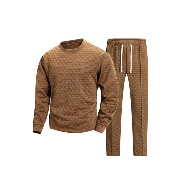 Męska Pikowana Lounge Set z Patterned Structure, Okrągły Dekolt Bluza &amp; Tapered Jogging Spodnie