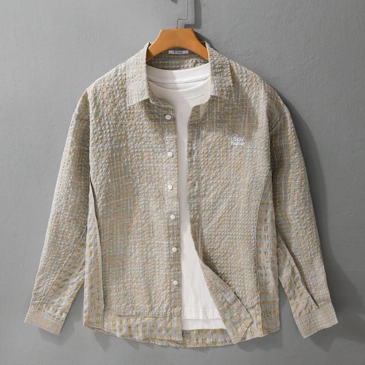 Damska Relaxed-krój Crinkle koszulowa kurtka z fine Gingham weaving structure i subtle chest embroidery Lumaza