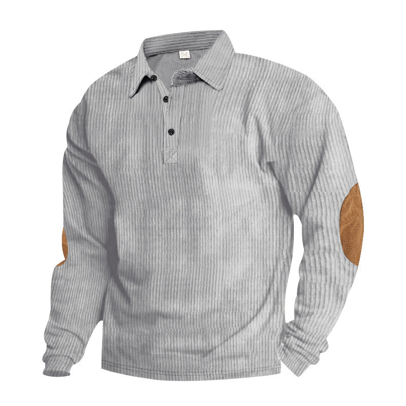 Męska heavy prążkowany bawełna polo sweter z Kent Kołnierz, triple Listwa guzikowa, i zamsz elbow patches