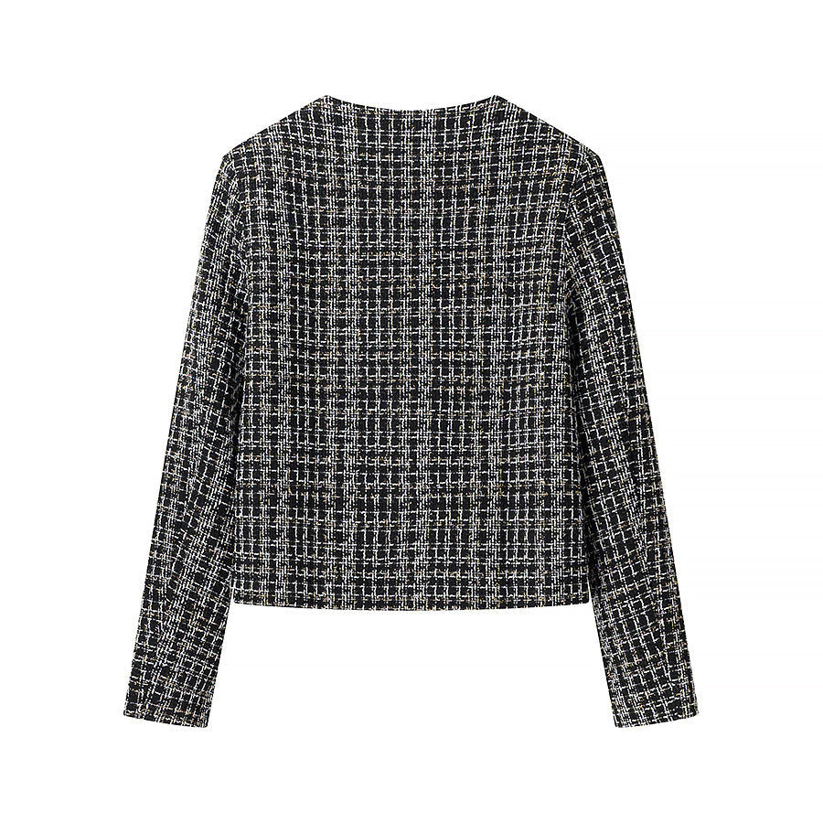 Damska bouclé tweedowa kurtka z Round Neckline, Gold Decorative guzikami i z naszywanymi kieszeniami Lumaza