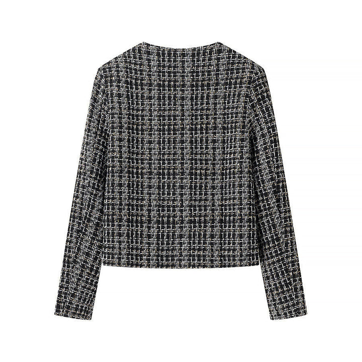 Damska bouclé tweedowa kurtka z Round Neckline, Gold Decorative guzikami i z naszywanymi kieszeniami Lumaza